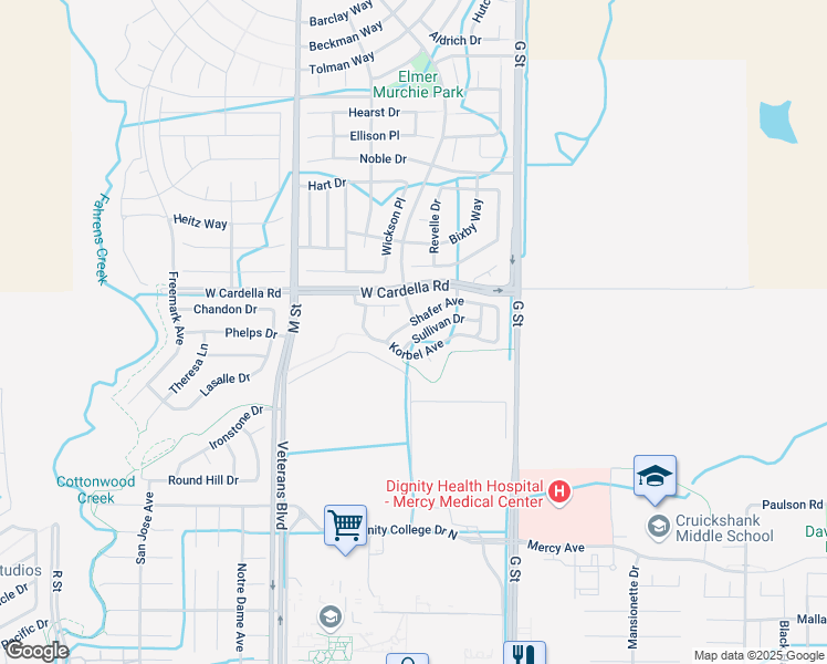 map of restaurants, bars, coffee shops, grocery stores, and more near 345 Sullivan Drive in Merced