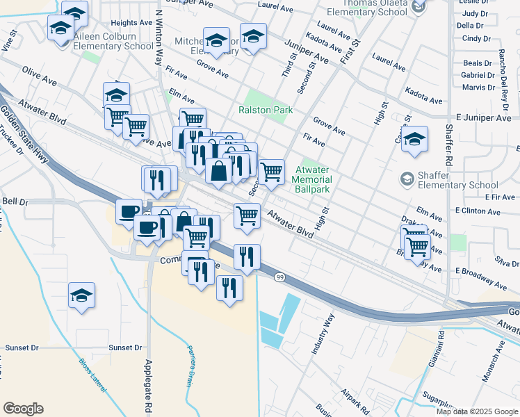 map of restaurants, bars, coffee shops, grocery stores, and more near Alabama Street in Atwater