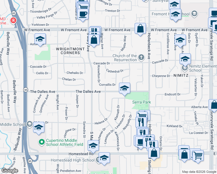 map of restaurants, bars, coffee shops, grocery stores, and more near 836 Corvallis Drive in Sunnyvale