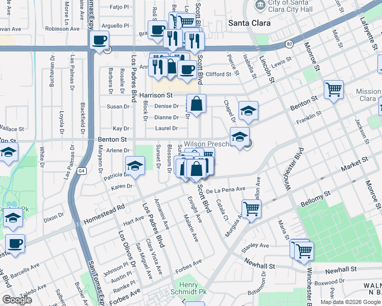map of restaurants, bars, coffee shops, grocery stores, and more near 935 Visconti Place in Santa Clara