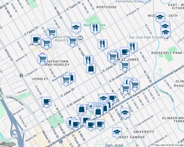 map of restaurants, bars, coffee shops, grocery stores, and more near 445 East Julian Street in San Jose