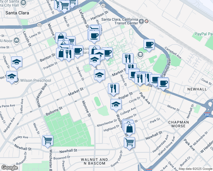 map of restaurants, bars, coffee shops, grocery stores, and more near 1111 Bellomy Street in Santa Clara