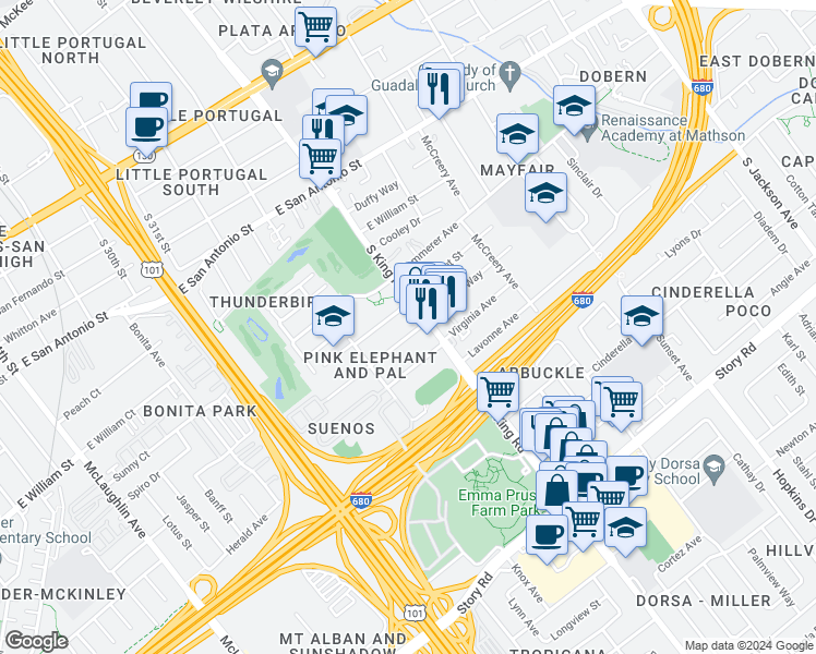 map of restaurants, bars, coffee shops, grocery stores, and more near 1683 Virginia Place in San Jose