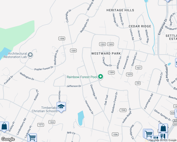 map of restaurants, bars, coffee shops, grocery stores, and more near 565 Dawnridge Drive in Lynchburg