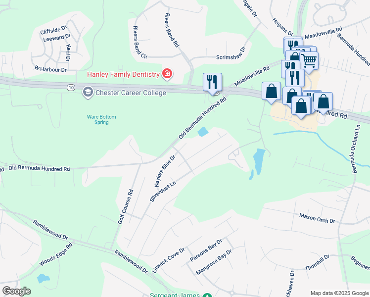 map of restaurants, bars, coffee shops, grocery stores, and more near 13319 Naylors Blue Court in Chester