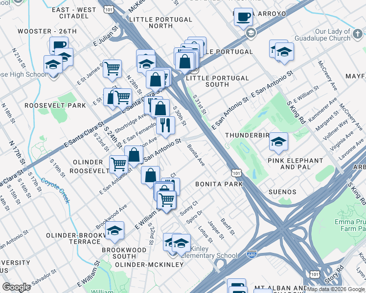map of restaurants, bars, coffee shops, grocery stores, and more near 238 Bonita Avenue in San Jose