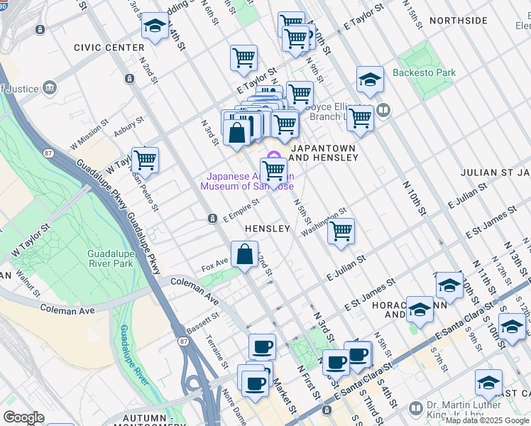 map of restaurants, bars, coffee shops, grocery stores, and more near 474 North 3rd Street in San Jose