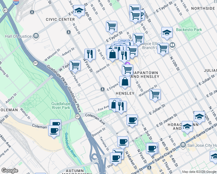map of restaurants, bars, coffee shops, grocery stores, and more near 55 East Empire Street in San Jose