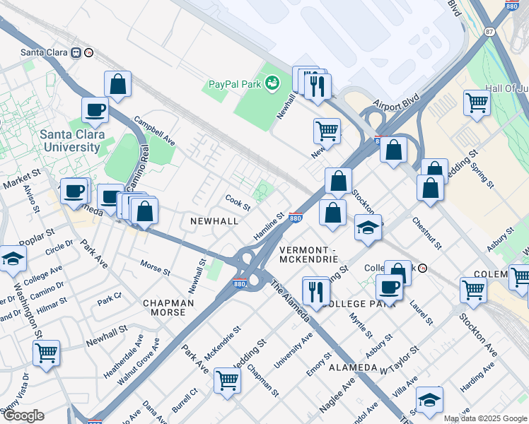 map of restaurants, bars, coffee shops, grocery stores, and more near 967 Hamline Street in San Jose
