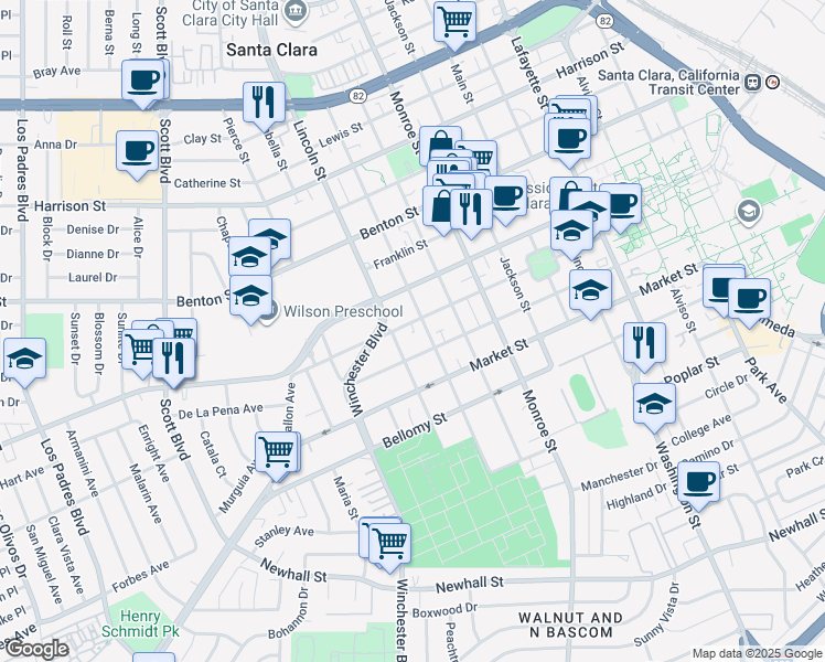map of restaurants, bars, coffee shops, grocery stores, and more near 1566 Lexington Street in Santa Clara