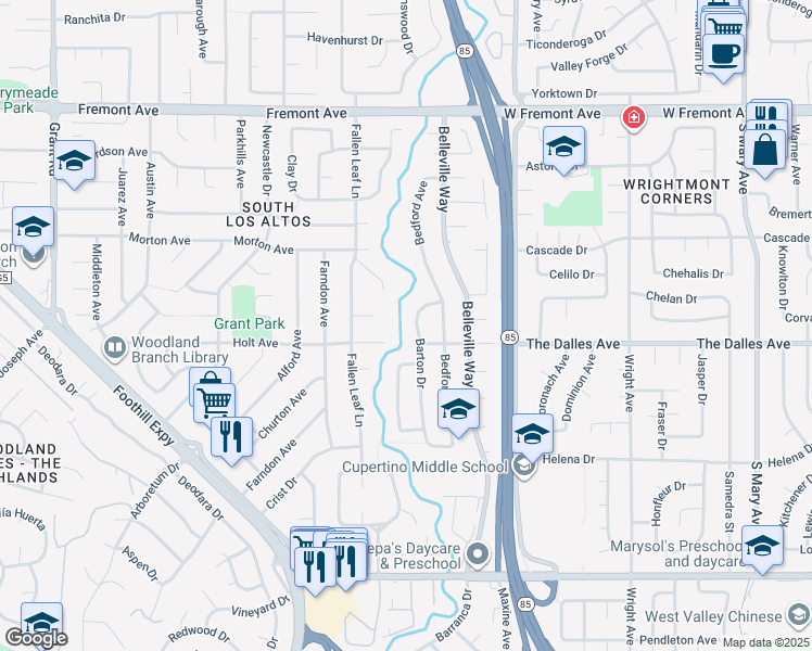 map of restaurants, bars, coffee shops, grocery stores, and more near 1479 Barton Drive in Sunnyvale