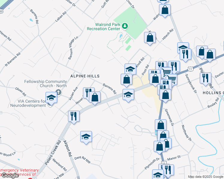 map of restaurants, bars, coffee shops, grocery stores, and more near 7340 Barrens Road in Hollins