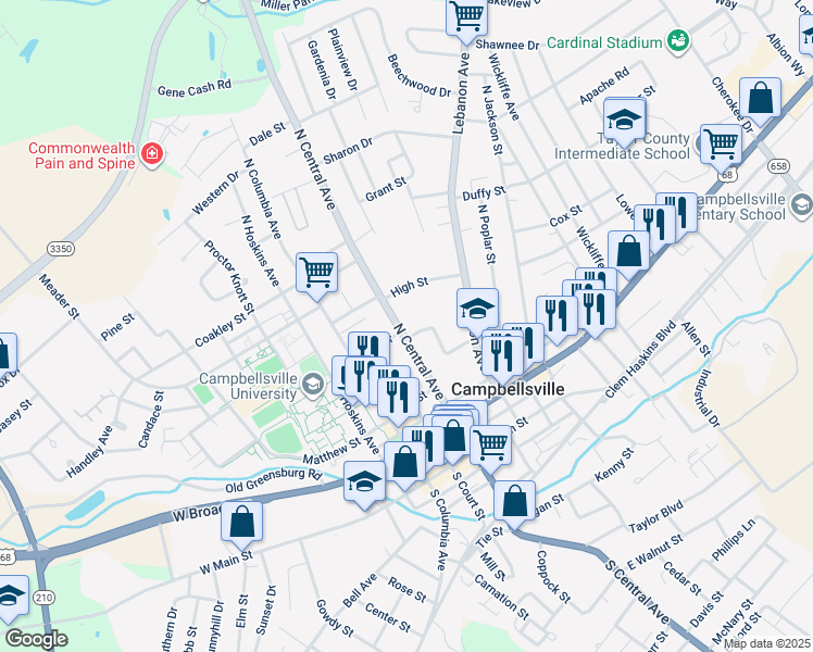 map of restaurants, bars, coffee shops, grocery stores, and more near 315 Robinson Avenue in Campbellsville