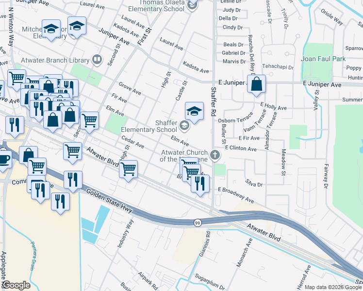 map of restaurants, bars, coffee shops, grocery stores, and more near 400 Elm Avenue in Atwater
