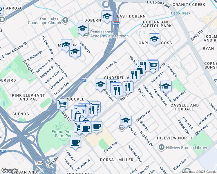 map of restaurants, bars, coffee shops, grocery stores, and more near 930 Alexis Court in San Jose