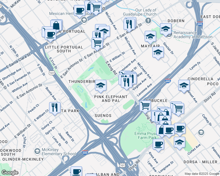 map of restaurants, bars, coffee shops, grocery stores, and more near 1631 Los Suenos Avenue in San Jose