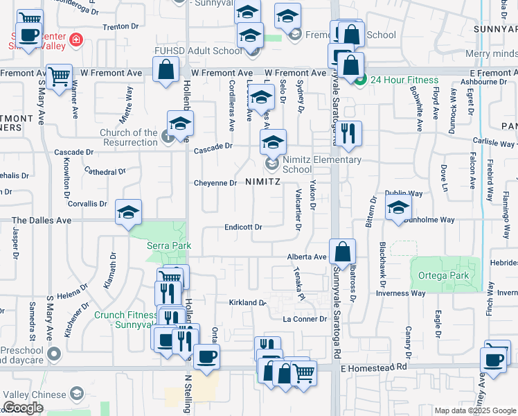 map of restaurants, bars, coffee shops, grocery stores, and more near 1480 Revelstoke Way in Sunnyvale