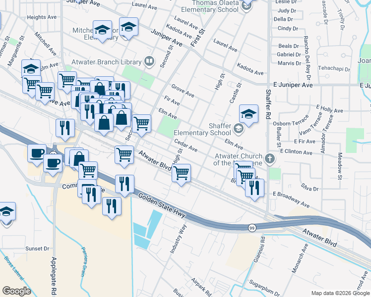 map of restaurants, bars, coffee shops, grocery stores, and more near 680 Cedar Avenue in Atwater