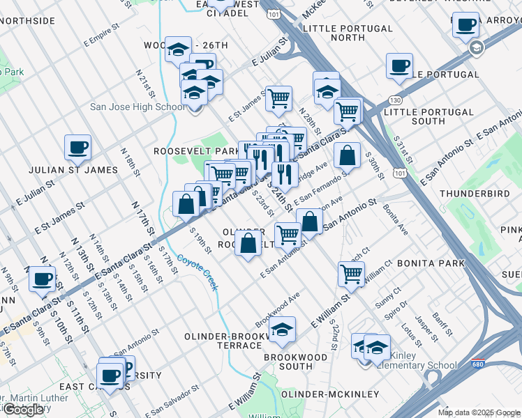 map of restaurants, bars, coffee shops, grocery stores, and more near 39 South 23rd Street in San Jose