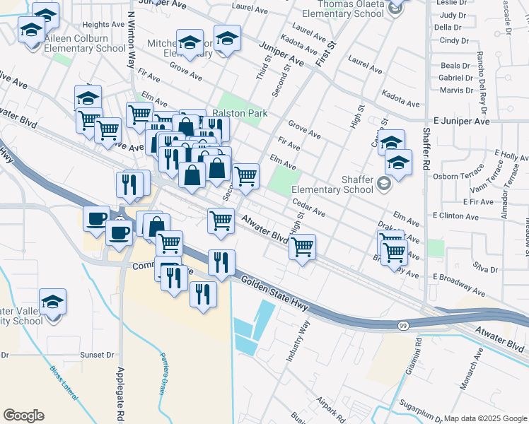 map of restaurants, bars, coffee shops, grocery stores, and more near 858 Broadway Avenue in Atwater