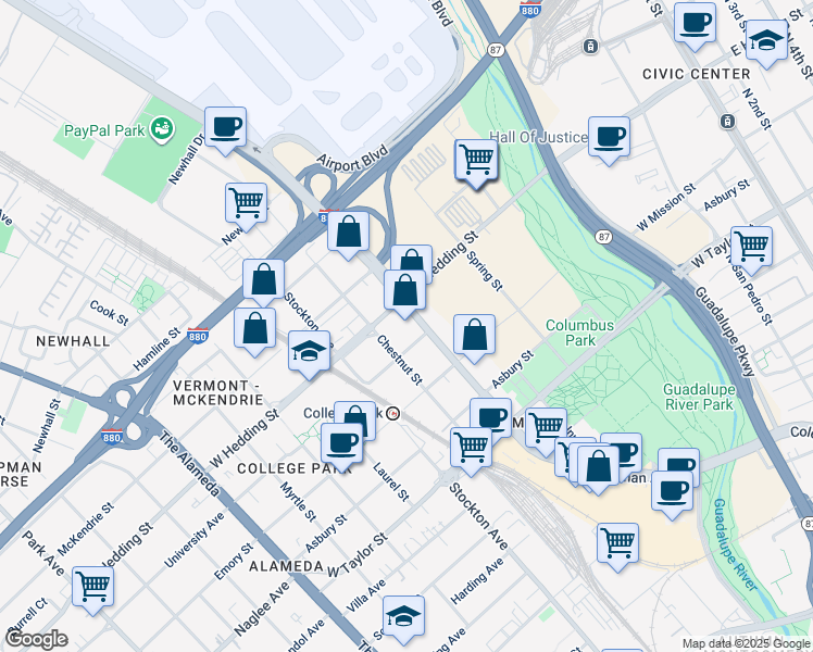 map of restaurants, bars, coffee shops, grocery stores, and more near 560 West Hedding Street in San Jose