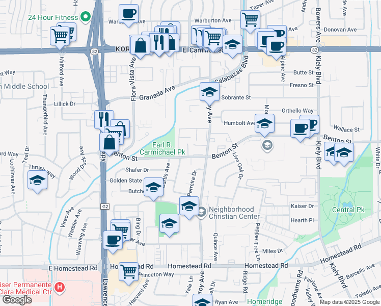 map of restaurants, bars, coffee shops, grocery stores, and more near 3343 Benton Street in Santa Clara