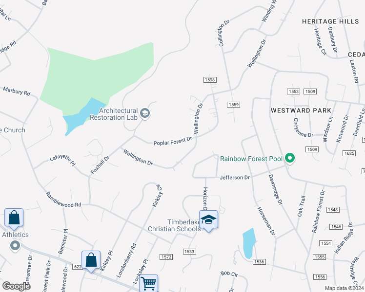 map of restaurants, bars, coffee shops, grocery stores, and more near 436 Poplar Forest Drive in Forest