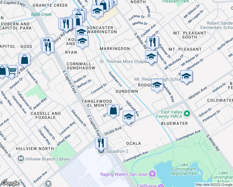 map of restaurants, bars, coffee shops, grocery stores, and more near 1607 Hillmont Avenue in San Jose