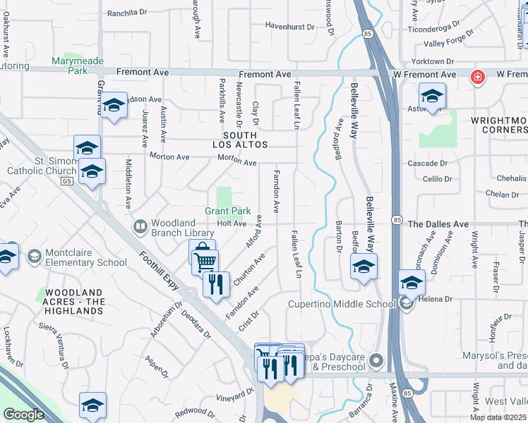map of restaurants, bars, coffee shops, grocery stores, and more near 1881 Alford Avenue in Los Altos