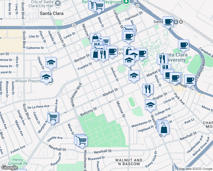 map of restaurants, bars, coffee shops, grocery stores, and more near 1348 Santa Clara Street in Santa Clara