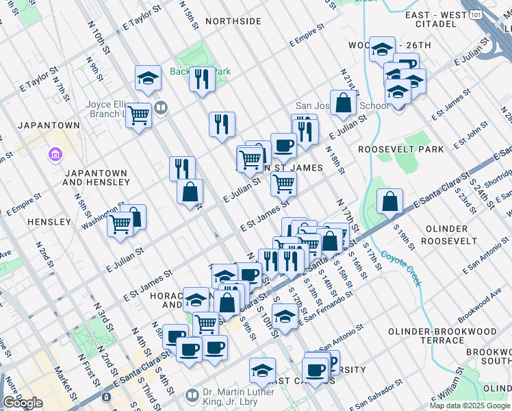 map of restaurants, bars, coffee shops, grocery stores, and more near 237 North 13th Street in San Jose