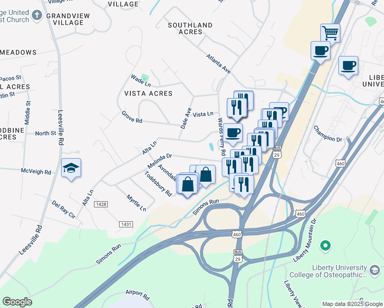 map of restaurants, bars, coffee shops, grocery stores, and more near 103 Melinda Drive in Lynchburg