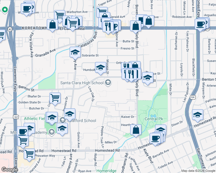 map of restaurants, bars, coffee shops, grocery stores, and more near 3000 Benton Street in Santa Clara