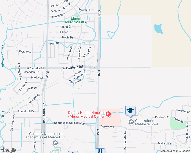 map of restaurants, bars, coffee shops, grocery stores, and more near 4218 Berryesa Avenue in Merced