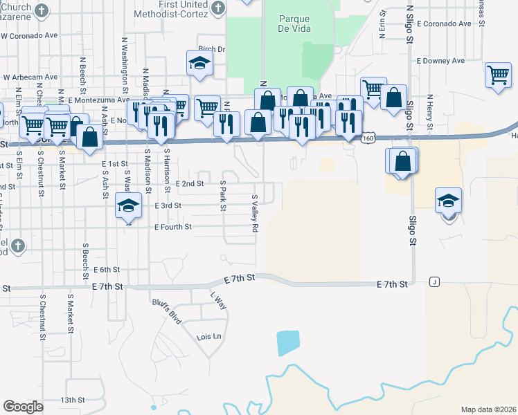 map of restaurants, bars, coffee shops, grocery stores, and more near 801 East 3rd Street in Cortez