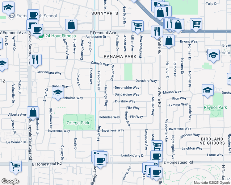 map of restaurants, bars, coffee shops, grocery stores, and more near 753 Duncardine Way in Sunnyvale