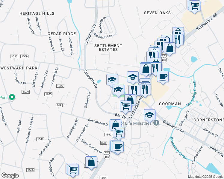 map of restaurants, bars, coffee shops, grocery stores, and more near 320 Bee Drive in Lynchburg