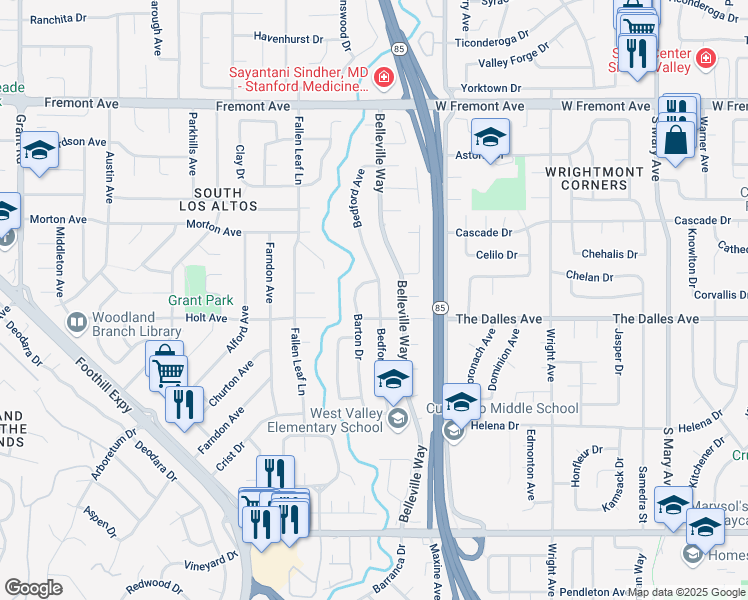 map of restaurants, bars, coffee shops, grocery stores, and more near 1479 Bedford Avenue in Sunnyvale