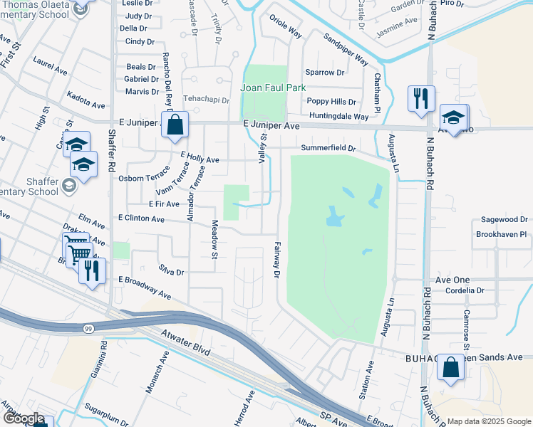 map of restaurants, bars, coffee shops, grocery stores, and more near 1484 Valley Street in Atwater