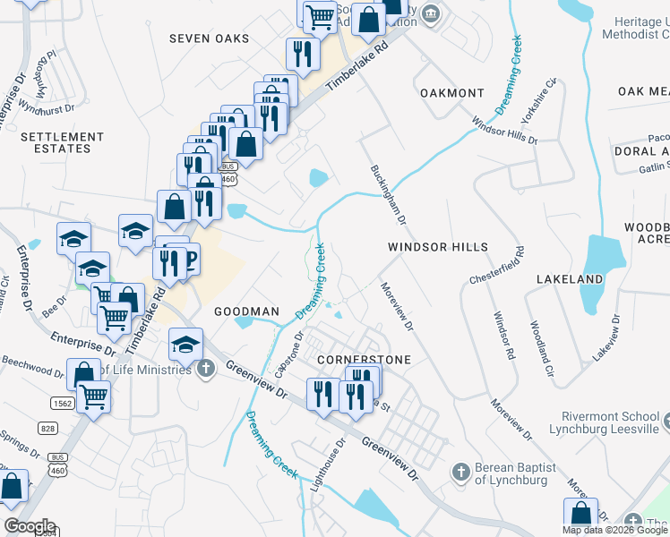 map of restaurants, bars, coffee shops, grocery stores, and more near 512 Cornerstone St in Lynchburg