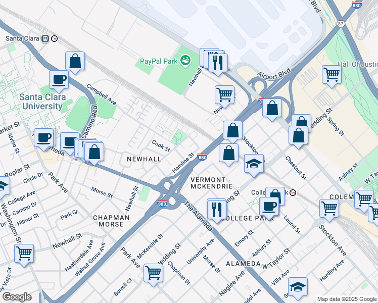 map of restaurants, bars, coffee shops, grocery stores, and more near 967 Hamline St in San Jose