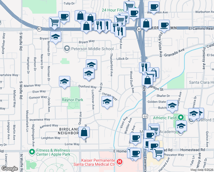 map of restaurants, bars, coffee shops, grocery stores, and more near 1145 Dunford Way in Sunnyvale