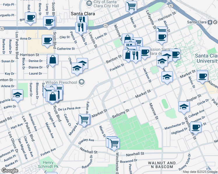 map of restaurants, bars, coffee shops, grocery stores, and more near 848 North Winchester Boulevard in Santa Clara