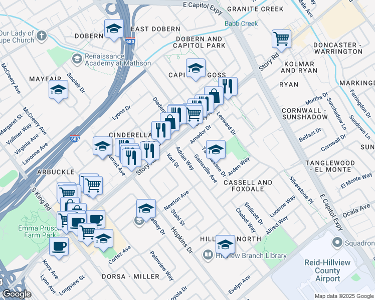 map of restaurants, bars, coffee shops, grocery stores, and more near 1161 Gainsville Avenue in San Jose