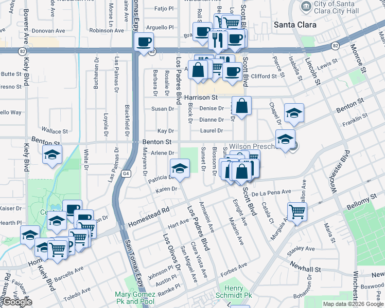 map of restaurants, bars, coffee shops, grocery stores, and more near 1045 Los Padres Boulevard in Santa Clara