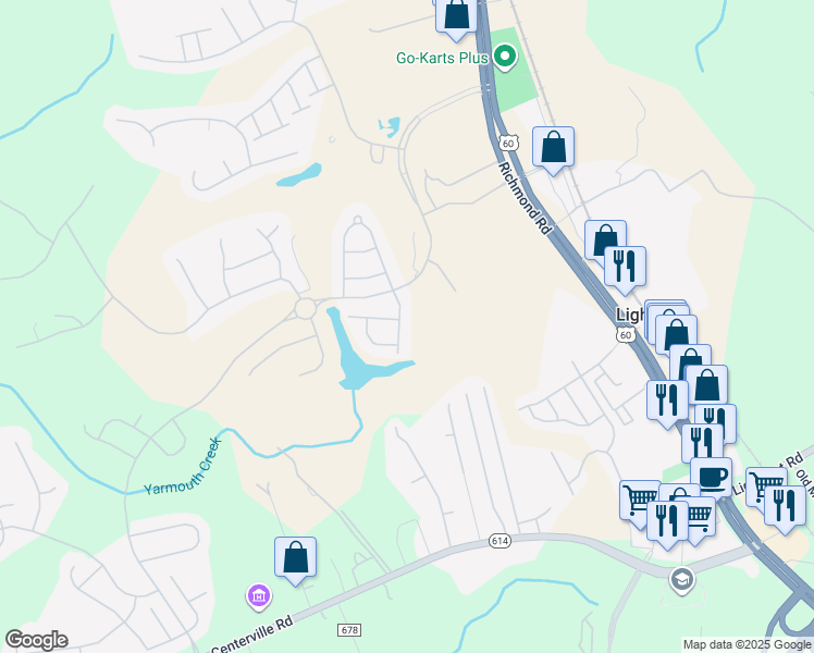 map of restaurants, bars, coffee shops, grocery stores, and more near 6739 Evensong Lane in Williamsburg
