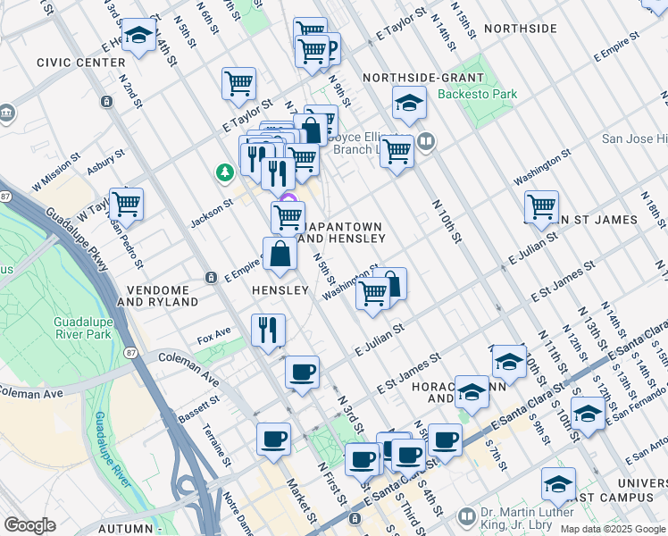 map of restaurants, bars, coffee shops, grocery stores, and more near 432 North 5th Street in San Jose