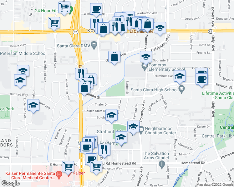 map of restaurants, bars, coffee shops, grocery stores, and more near 3445 Benton Street in Santa Clara