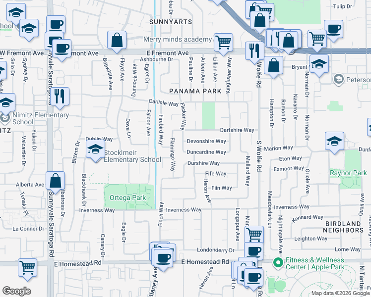 map of restaurants, bars, coffee shops, grocery stores, and more near 747 Duncardine Way in Sunnyvale