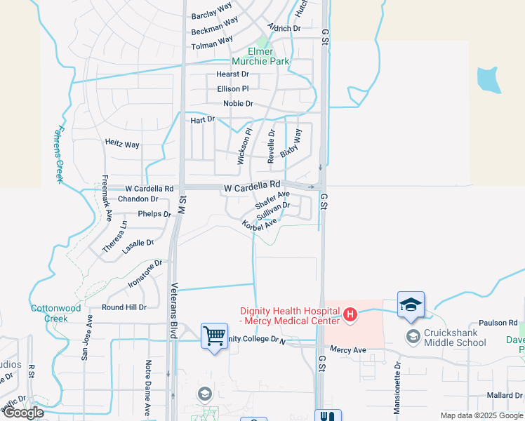 map of restaurants, bars, coffee shops, grocery stores, and more near 313 Sullivan Drive in Merced